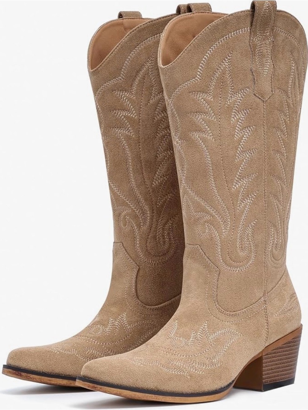 Suede Western Knee-High Heeled Boots in Tan